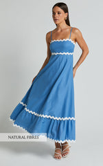 Moriseth Midi Dress - Linen Sleeveless Fit Flare Dress in Blue