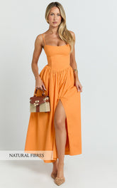 Morris Midi Dress - Linen Scoop Neck Gathered Dress in Orange