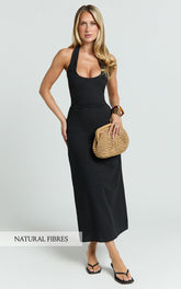 Murray Midi Dress - Deep U Halter Neck Dress in Black