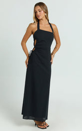 Myra Midi Dress - Halter Ruched Side Dress in Black