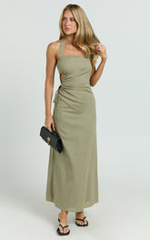 Myra Midi Dress - Halter Ruched Side Dress in Olive