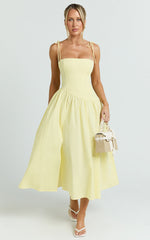 Myrtle Midi Dress - Straight Neck Curved Drop Waist Gathered Full Skirt Dress in Lemon