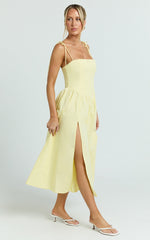 Myrtle Midi Dress - Straight Neck Curved Drop Waist Gathered Full Skirt Dress in Lemon