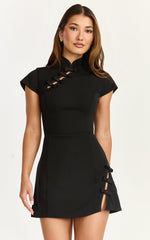 Nadia Mini Dress - Cap Sleeve Mandarin Collar Fitted Dress in Black with Black trim