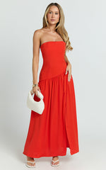 Nadiane Midi Dress - Strapless Asymmetric Drop Waist Dress in Orange