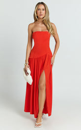 Nadiane Midi Dress - Strapless Asymmetric Drop Waist Dress in Orange