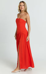 Nadiane Midi Dress - Strapless Asymmetric Drop Waist Dress in Orange