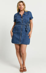 Nandini Mini Dress - Hardware Zip Through Denim Dress in Blue