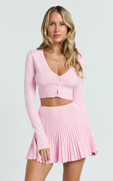 Naomi Two Piece Set - Contrast Knit Button Up Long Sleeve And Pleated Mini Skirt in Plain Baby Pink