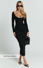 Naya Midi Dress - Long Sleeve Sweetheart Neck Bodycon Dress in Black
