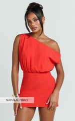 Nellie Mini Linen Dress - Linen One Shoulder Mini Dress in Orange