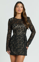 Ness Mini Dress - Long Sleeve Lace Fit And Flare Dress in Black