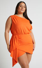 Niana Mini Dress - Drape One Shoulder Dress in Orange