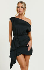 Niana Mini Dress - Drape One Shoulder Dress in Black