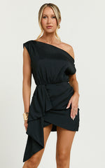 Niana Mini Dress - Drape One Shoulder Dress in Black