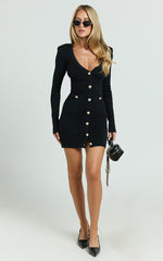 Nikka Mini Dress - Long Sleeve V Neck Bodycon Knit Dress in Black