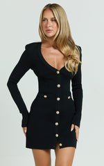 Nikka Mini Dress - Long Sleeve V Neck Bodycon Knit Dress in Black