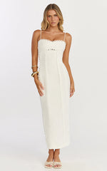 Nikki Midi Dress - Scallop Edge Front Split Column Dress in Off White