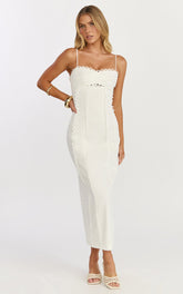 Nikki Midi Dress - Scallop Edge Front Split Column Dress in Off White