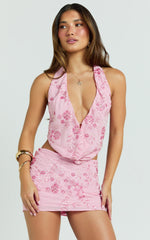 Nikki Top - Halter Low Cowl Beaded Georgette Top in Pink
