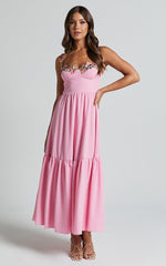 Nimfa Midi Dress - Strappy Floral Detail Tiered Dress in Pink
