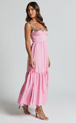 Nimfa Midi Dress - Strappy Floral Detail Tiered Dress in Pink