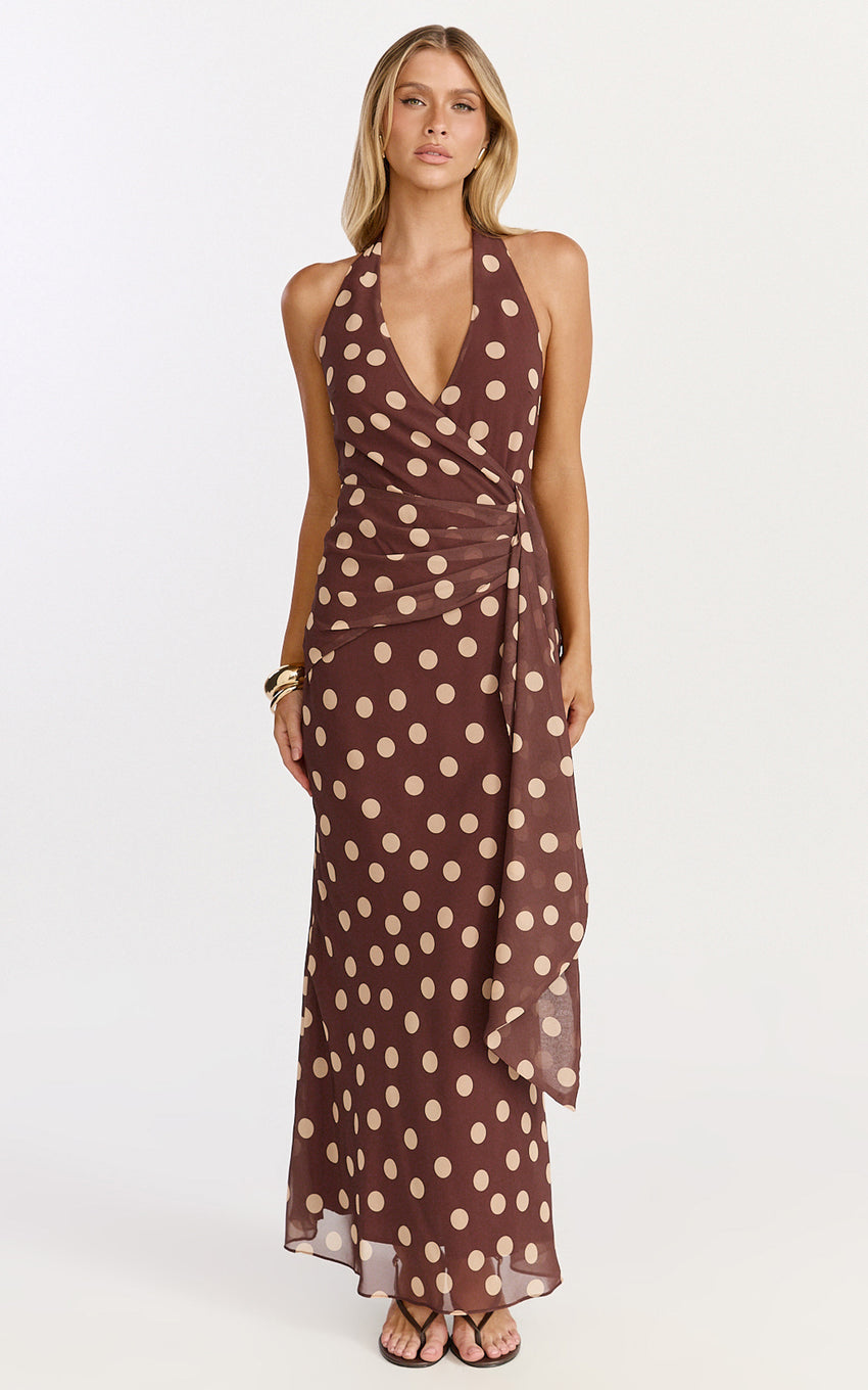 Nola Midi Dress - Polkadot Halter Dress in Choc Polka