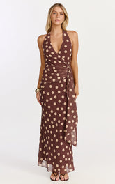 Nola Midi Dress - Polkadot Halter Dress in Choc Polka