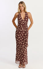 Nola Midi Dress - Polkadot Halter Dress in Choc Polka