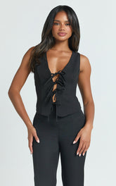 Nola Top - V Neck Front Tie Vest Top in Black