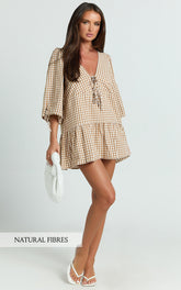 Nour Mini Dress - High Neck Tie Front Drop Waist Gathered Skirt Dress in Caramel/White Gingham
