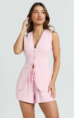 Olivia Top - Longline Linen V Neck Back Tie Vest Top in Pink