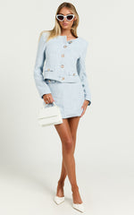 Olympia Jacket - Boucle Scoop Neck Button Down Long Sleeve Jacket with Gold Hardware Detail in Pale Blue