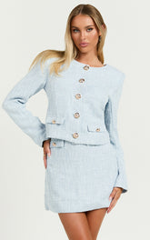Olympia Jacket - Boucle Scoop Neck Button Down Long Sleeve Jacket with Gold Hardware Detail in Pale Blue