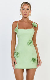 Ondine Mini Dress - 3D Floral Strappy Dress in Apple Green