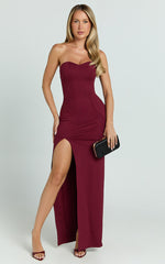 Oriella Maxi Dress - Panelled Thigh Split Strapless Dress in Wine