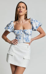 Owen Top - Puff Sleeve Tie Front Corset Detail Top in Toile De Jouy