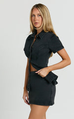 Paige Mini Skirt - High Waisted Denim Skirt in Washed Black