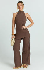 Paige Two Piece Set - Halter Top and Wide Leg Pant Set in Chocolate