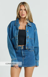 Pamela Jacket - Cropped Boxy Fit Recycled Denim Jacket in Dark Blue Wash