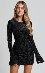 Paula Mini Dress - Burnout Flounce Sleeve Bodycon Dress in Black