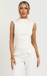 Paxton Top - High Neck Fitted Open Back Sleeveless Top in Cream
