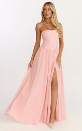 Penny Maxi Dress - Strapless Corset Bodice Floral Embellished Dress in Soft Pink