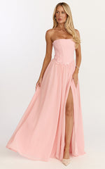 Penny Maxi Dress - Strapless Corset Bodice Floral Embellished Dress in Soft Pink