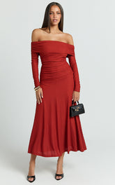 Perla Midi Dress - Off The Shoulder Sleeve Drop Waist Dress in Red