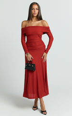 Perla Midi Dress - Off The Shoulder Sleeve Drop Waist Dress in Red