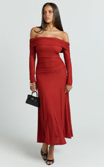 Perla Midi Dress - Off The Shoulder Sleeve Drop Waist Dress in Red