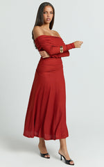 Perla Midi Dress - Off The Shoulder Sleeve Drop Waist Dress in Red