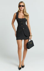 Phyllis Two Piece Set - Tailored Scoop Neck Vest Top and A Line Mini Skirt Set with Gold Buttons in Black