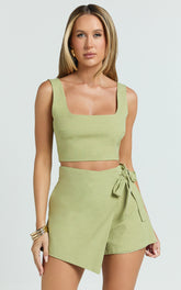 Polina Two Piece Set - Linen Square Neck Crop Top and Tie Waist Skort Set in Sage